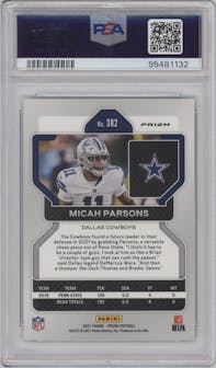 Micah Parsons from the 2021 Panini Prizm set featuring a Green Prizm parallel graded by PSA and given an overall grade of 10.