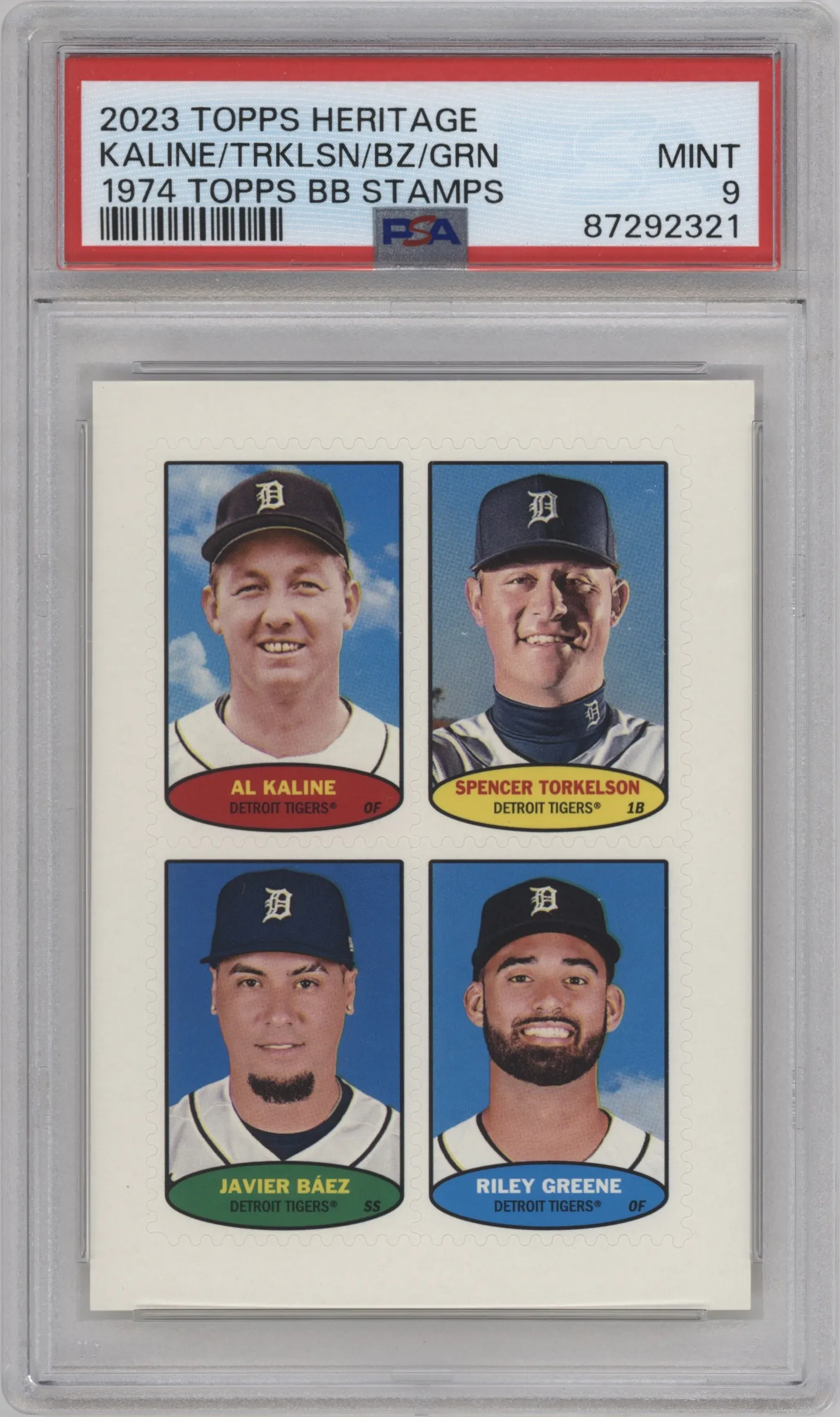2023 Topps Heritage 1974 Topps Stamps Al Kaline/Spencer Torkelson/Javier Baez/Riley Greene #74BS-61-64 PSA 9