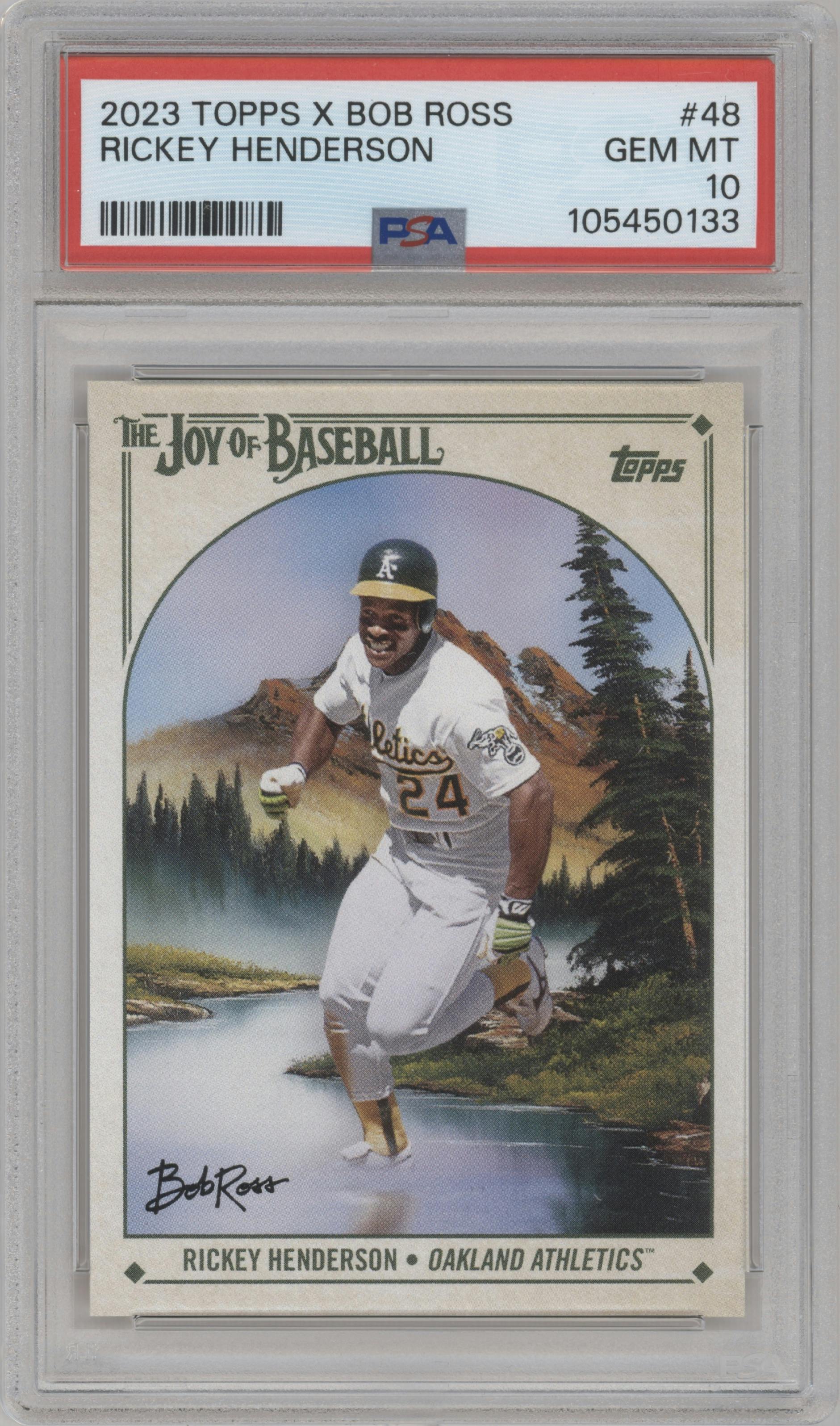 Rickey Henderson from the 2023 Topps X Bob Ross The Joy of Baseball set graded by PSA and given an overall grade of 10.