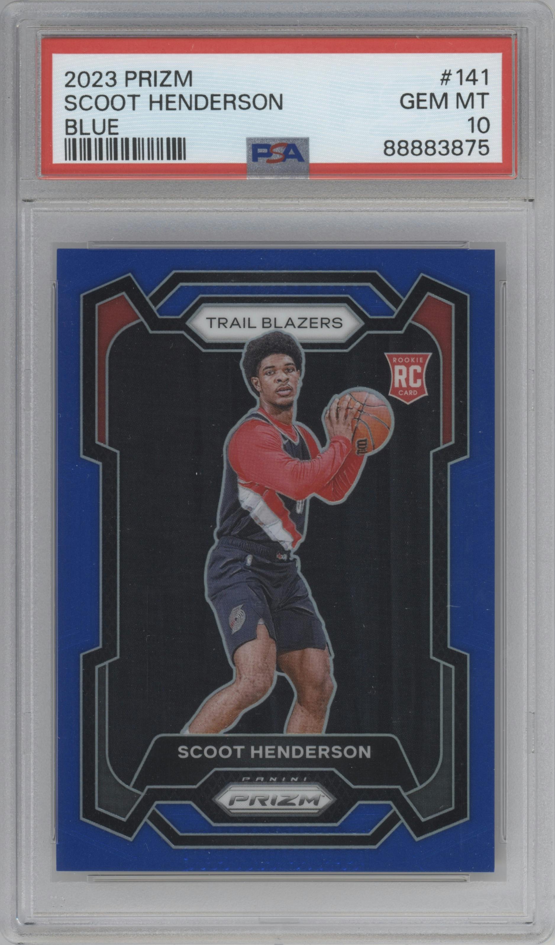 Scoot Henderson from the 2023-24 Panini Prizm set featuring a Blue Prizm parallel graded by PSA and given an overall grade of 10.