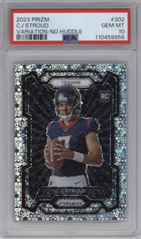 C.J. Stroud from the 2023 Panini Prizm set featuring a No Huddle parallel graded by PSA and given an overall grade of 10.