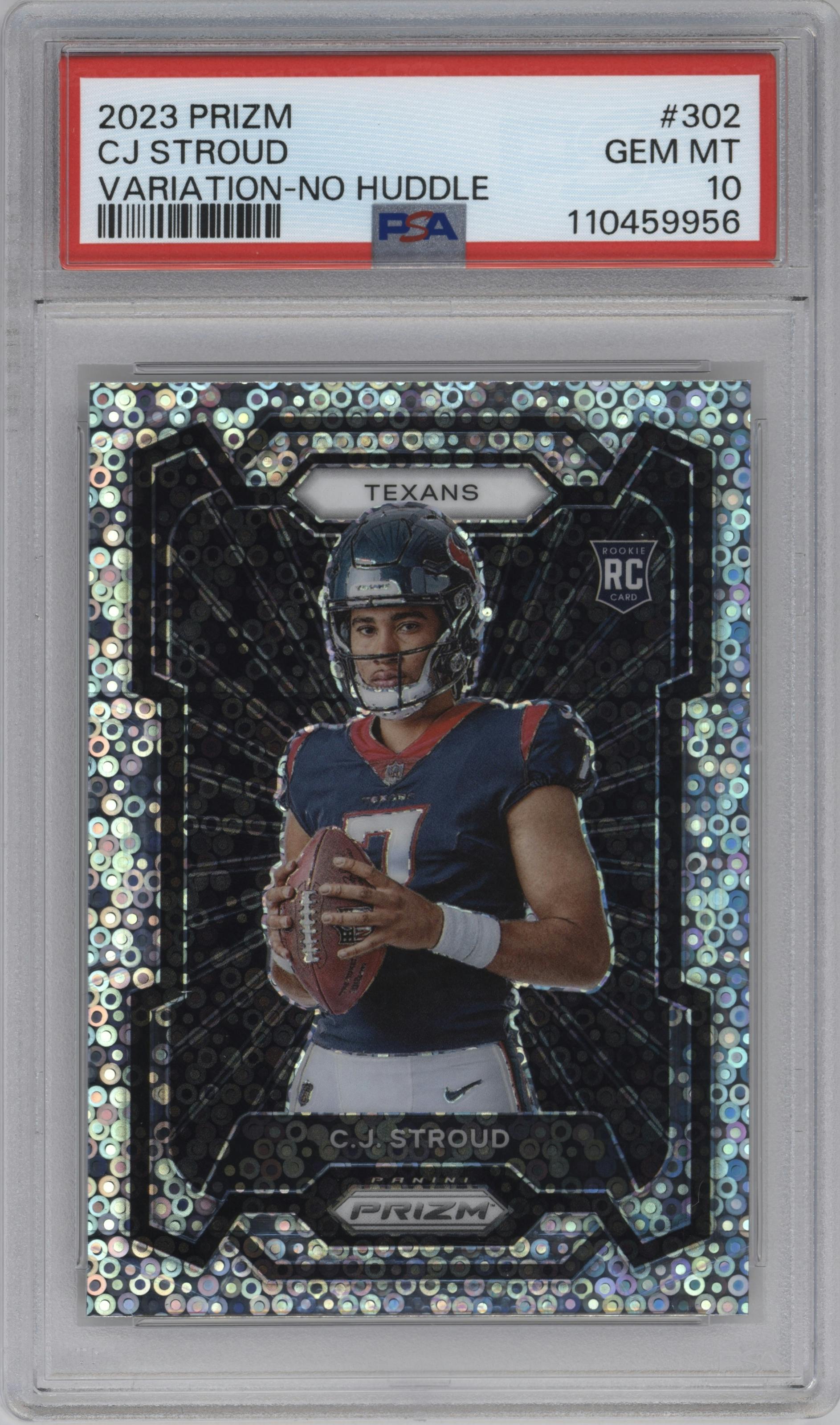 C.J. Stroud from the 2023 Panini Prizm set featuring a No Huddle parallel graded by PSA and given an overall grade of 10.