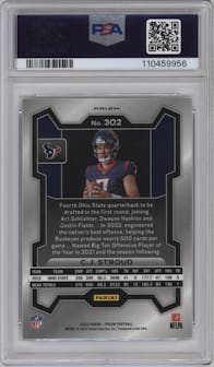 C.J. Stroud from the 2023 Panini Prizm set featuring a No Huddle parallel graded by PSA and given an overall grade of 10.