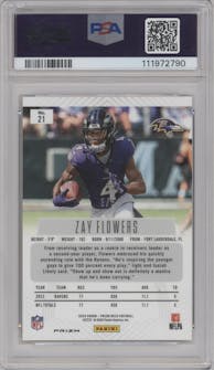 Zay Flowers from the 2024 Panini Prizm Deca set featuring a Shimmer Black Gold Prizms FOTL parallel graded by PSA and given an overall grade of 10.