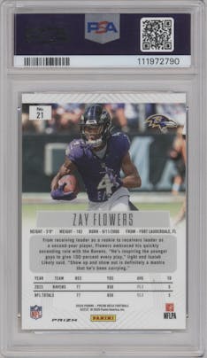 Zay Flowers from the 2024 Panini Prizm Deca set featuring a Shimmer Black Gold Prizms FOTL parallel graded by PSA and given an overall grade of 10.