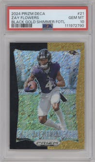 Zay Flowers from the 2024 Panini Prizm Deca set featuring a Shimmer Black Gold Prizms FOTL parallel graded by PSA and given an overall grade of 10.