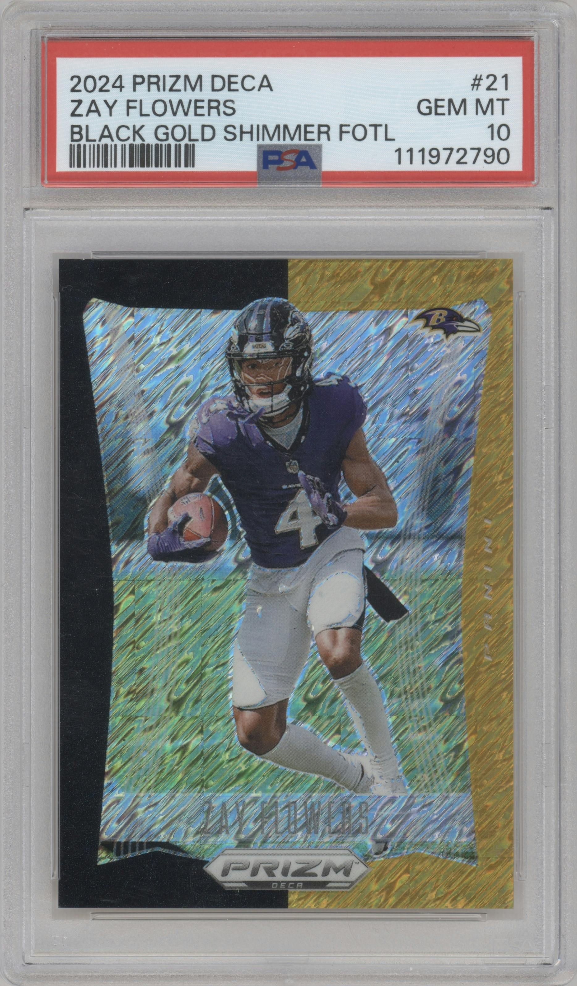 Zay Flowers from the 2024 Panini Prizm Deca set featuring a Shimmer Black Gold Prizms FOTL parallel graded by PSA and given an overall grade of 10.