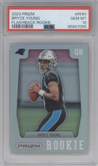 Bryce Young from the 2023 Panini Prizm set featuring a Silver Prizm parallel graded by PSA and given an overall grade of 10.