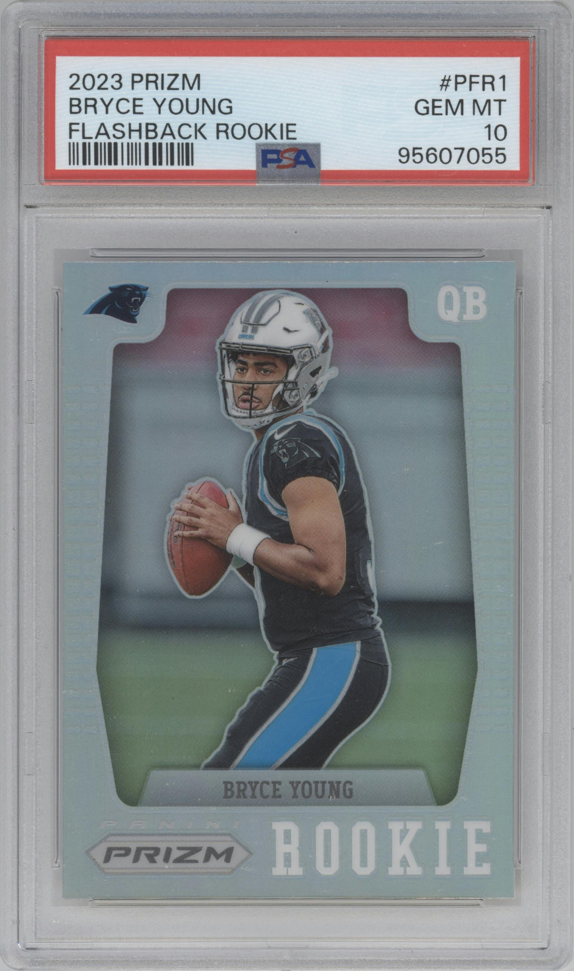 Bryce Young from the 2023 Panini Prizm set featuring a Silver Prizm parallel graded by PSA and given an overall grade of 10.