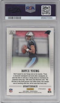 Bryce Young from the 2023 Panini Prizm set featuring a Silver Prizm parallel graded by PSA and given an overall grade of 10.