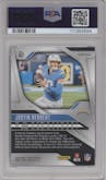Justin Herbert from the 2024 Panini Prizm set featuring a Blue Wave Prizm parallel graded by PSA and given an overall grade of 9.