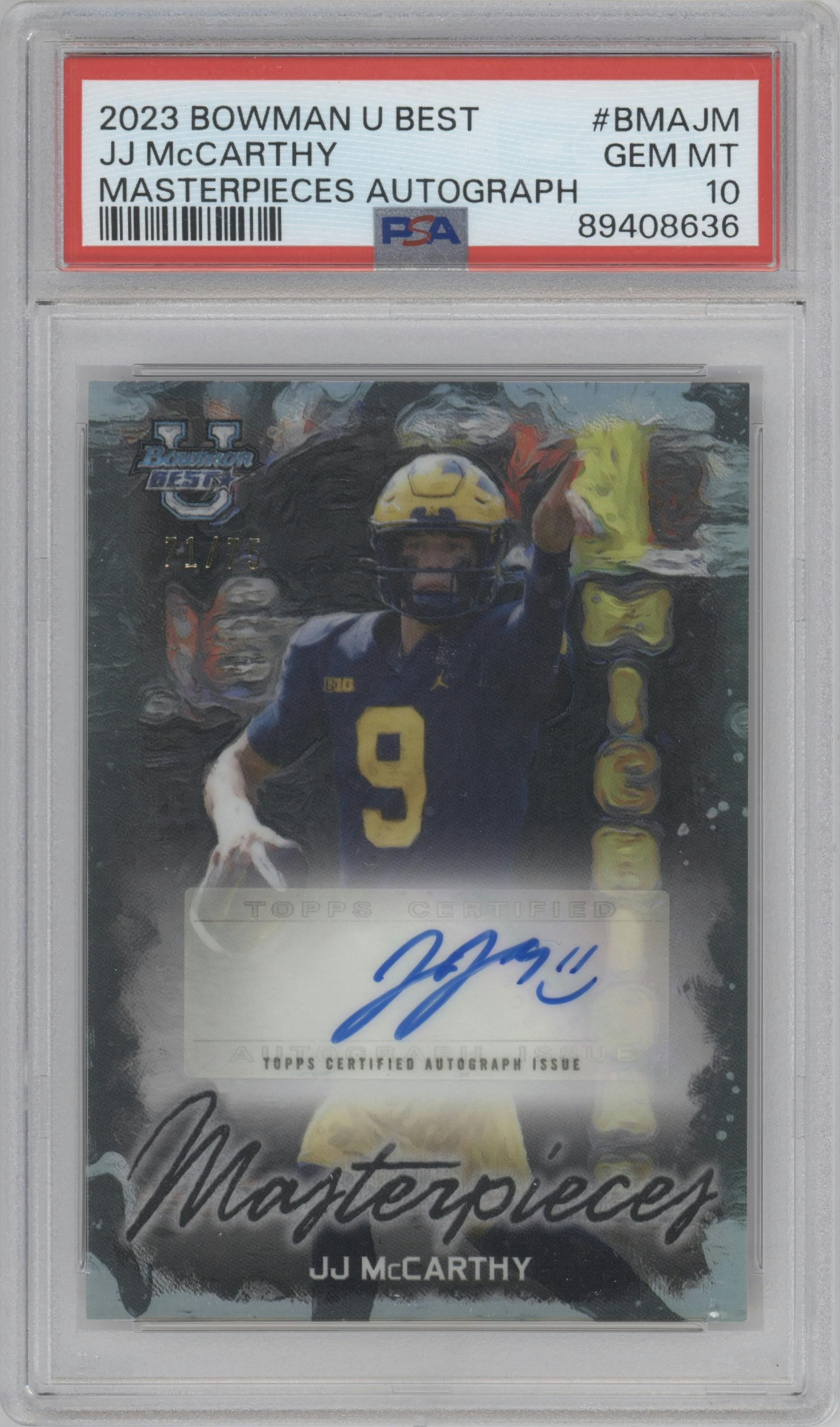 JJ McCarthy from the 2023 Bowman University's Best  set graded by PSA and given an overall grade of 10.