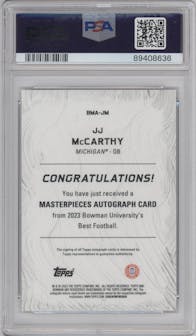 JJ McCarthy from the 2023 Bowman University's Best  set graded by PSA and given an overall grade of 10.