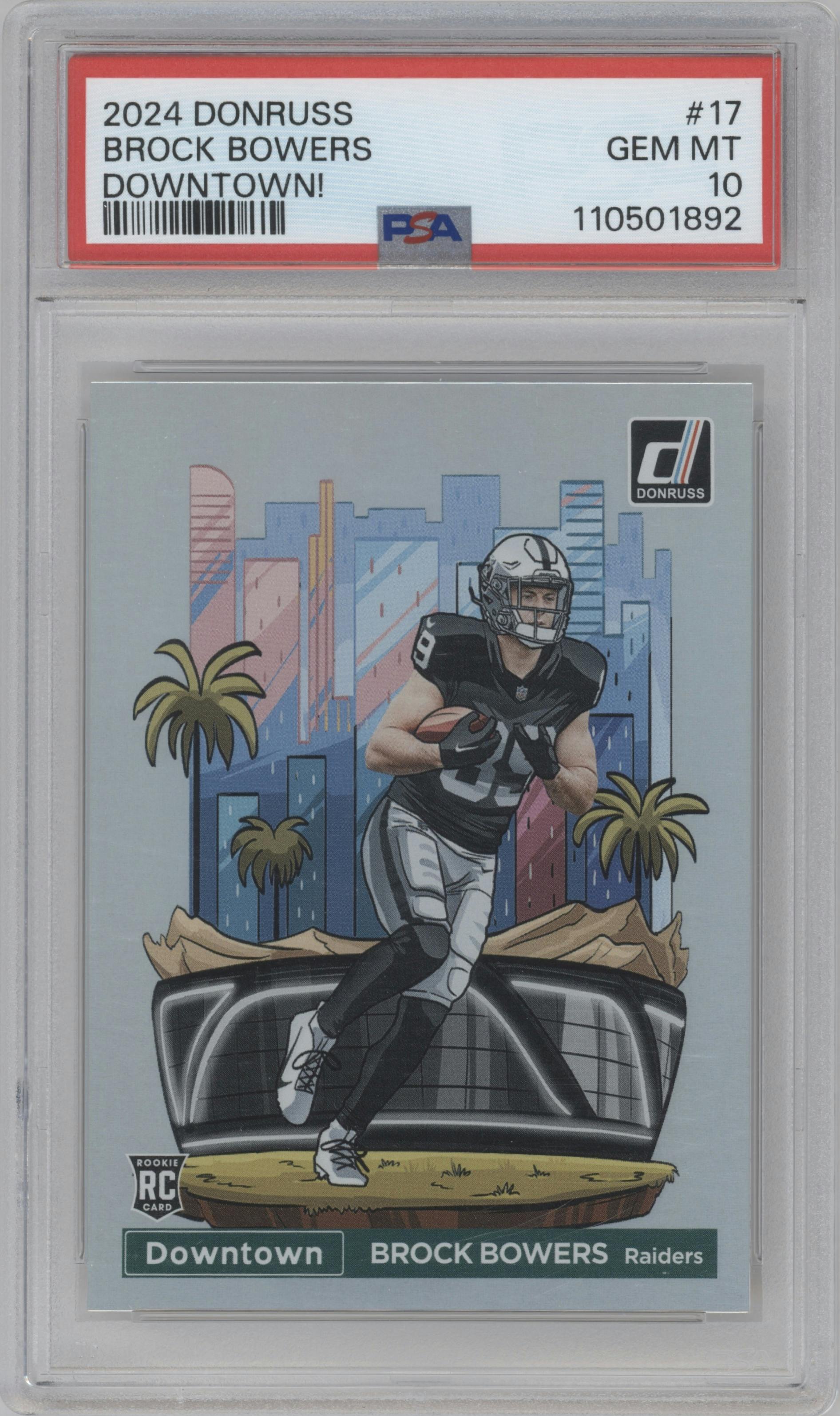 Brock Bowers from the 2024 Donruss set graded by PSA and given an overall grade of 10.