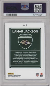 Lamar Jackson from the 2024 Donruss set graded by PSA and given an overall grade of 10.