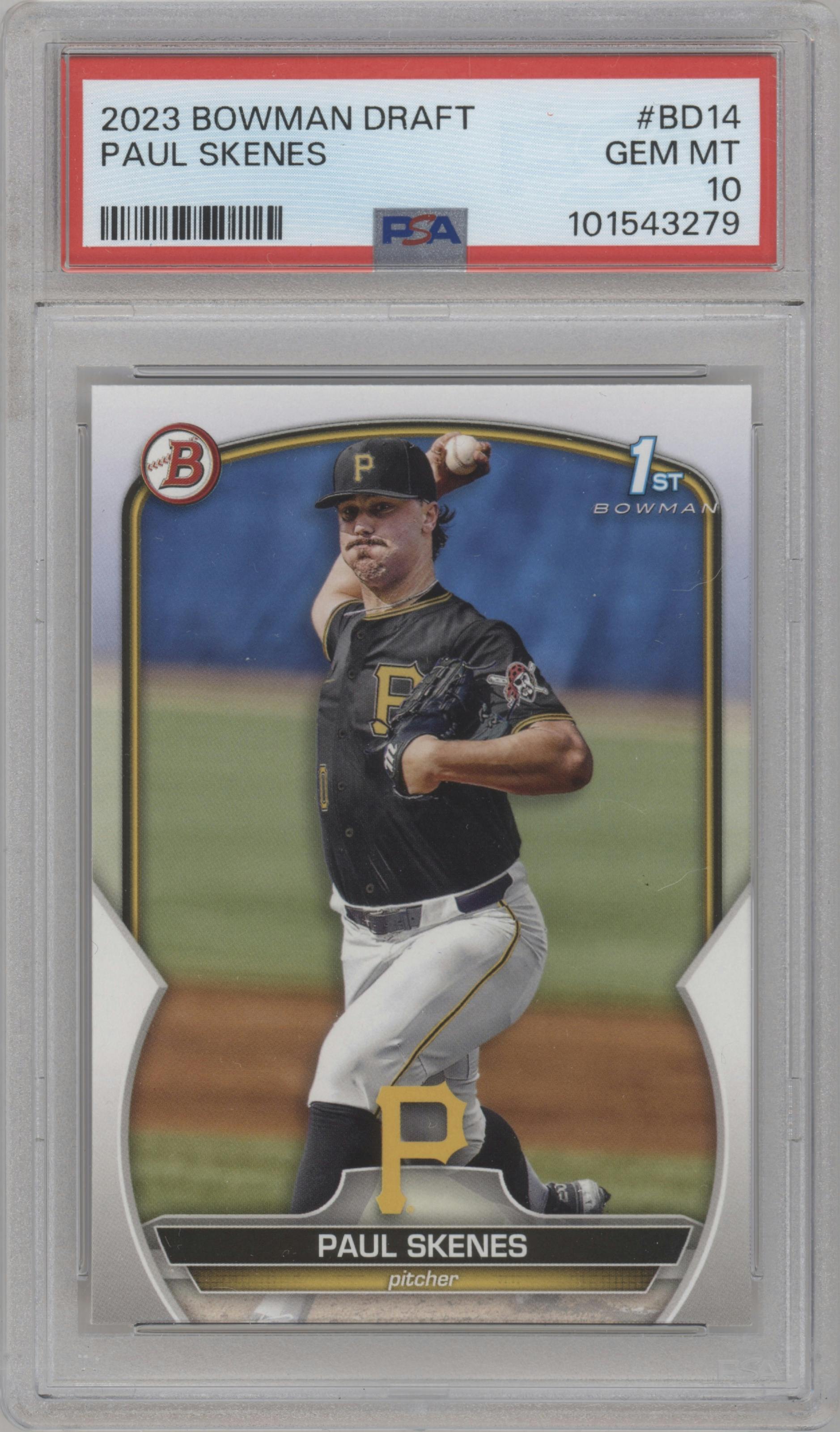 Paul Skenes from the 2023 Bowman Draft set graded by PSA and given an overall grade of 10.
