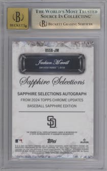 Jackson Merrill from the 2024 Topps Chrome Update Sapphire Edition set featuring a Orange Refractor parallel graded by Beckett and given an overall grade of 9.5.