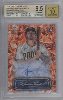 Jackson Merrill from the 2024 Topps Chrome Update Sapphire Edition set featuring a Orange Refractor parallel graded by Beckett and given an overall grade of 9.5.