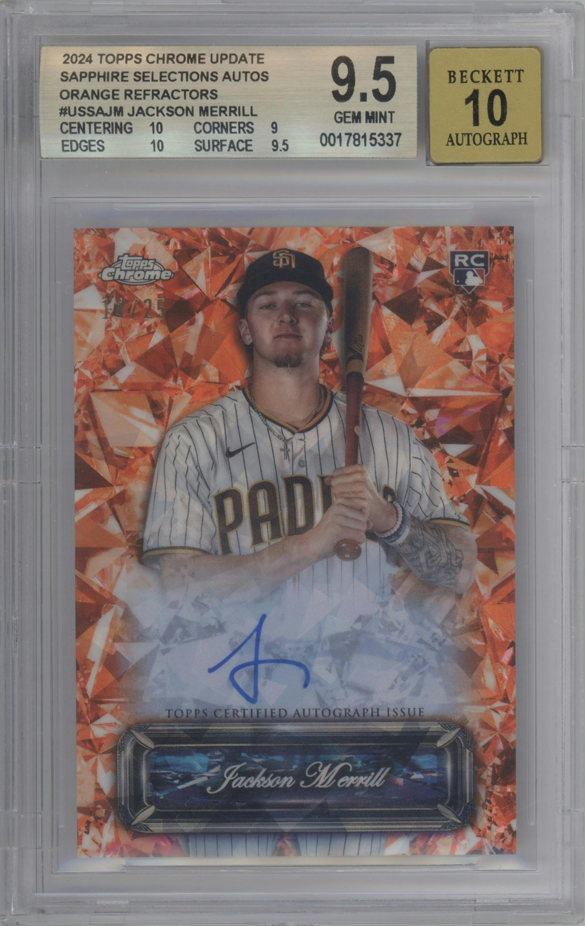 Jackson Merrill from the 2024 Topps Chrome Update Sapphire Edition set featuring a Orange Refractor parallel graded by Beckett and given an overall grade of 9.5.