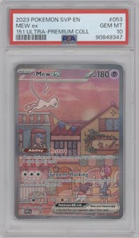 Mew ex from the 2023 Pokemon SV set featuring a Scarlet & Violet 151 Ultra Premium Collection parallel graded by PSA and given an overall grade of 10.