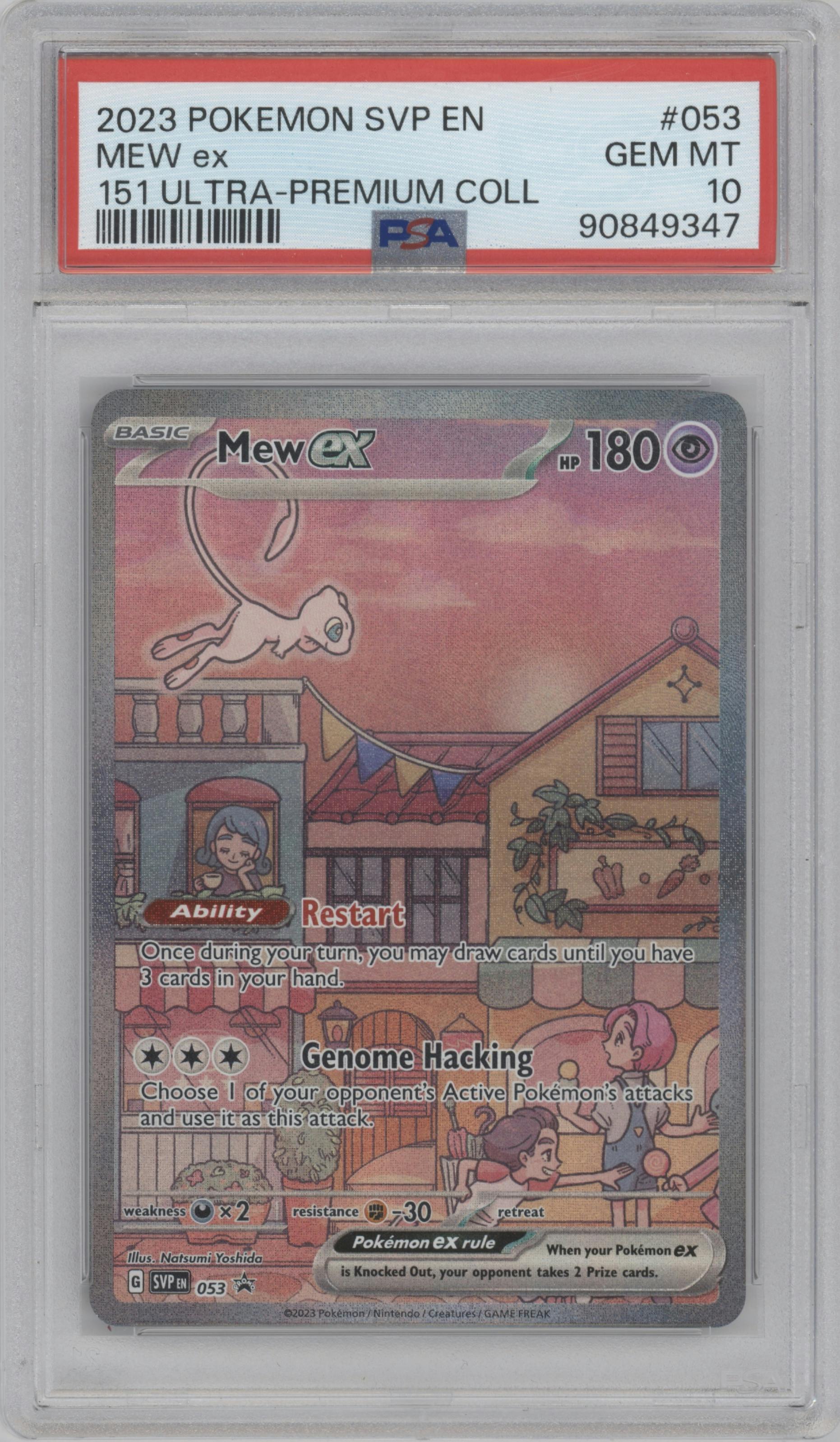 Mew ex from the 2023 Pokemon SV set featuring a Scarlet & Violet 151 Ultra Premium Collection parallel graded by PSA and given an overall grade of 10.