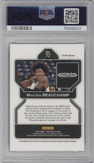 MarJon Beauchamp from the 2022-23 Panini Prizm Draft Picks set featuring a Venom parallel graded by PSA and given an overall grade of 10.