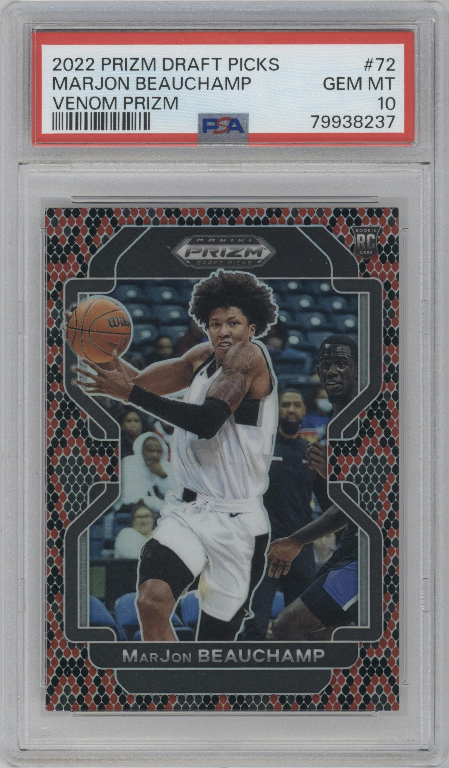 MarJon Beauchamp from the 2022-23 Panini Prizm Draft Picks set featuring a Venom parallel graded by PSA and given an overall grade of 10.