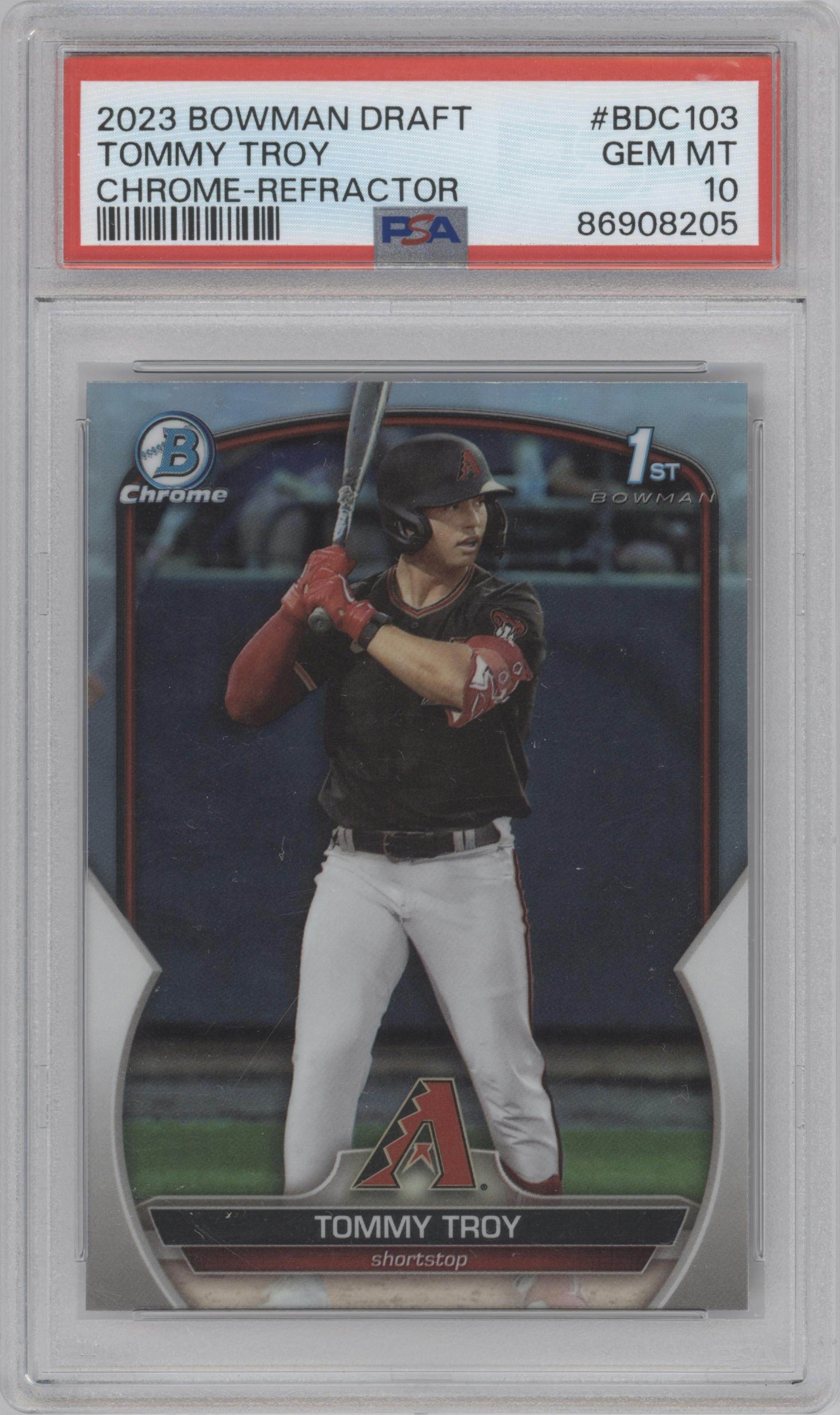 Tommy Troy from the 2023 Bowman Draft set featuring a Refractor parallel graded by PSA and given an overall grade of 10.