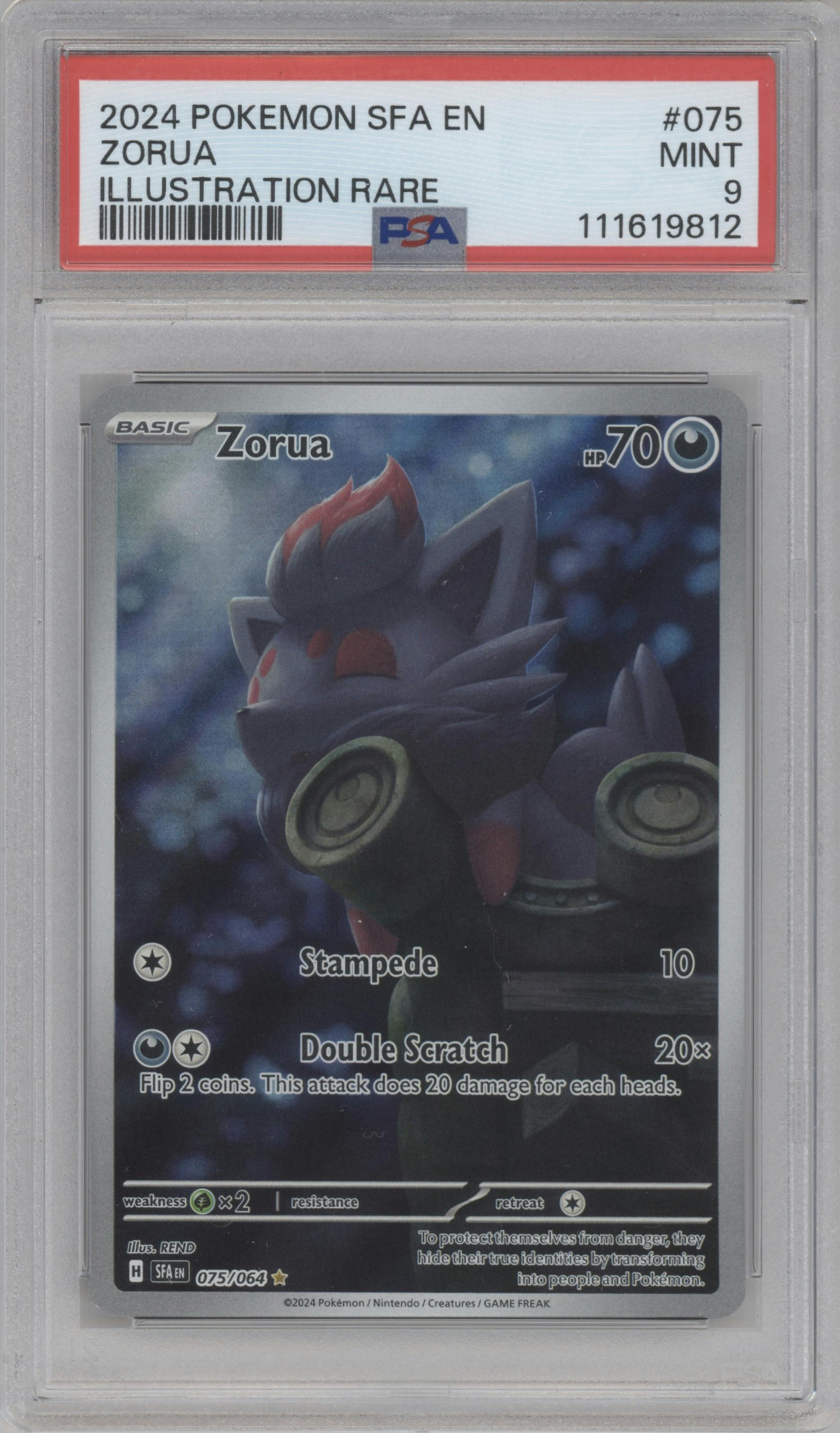 Zorua from the 2024 Pokemon SV set graded by PSA and given an overall grade of 9.
