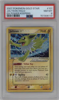 Jolteon Gold Star from the 2007 Pokemon EX set graded by PSA and given an overall grade of 8.