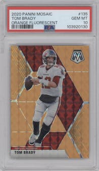 Tom Brady from the 2020 Panini Mosaic set featuring a Orange Fluorescent parallel graded by PSA and given an overall grade of 10.