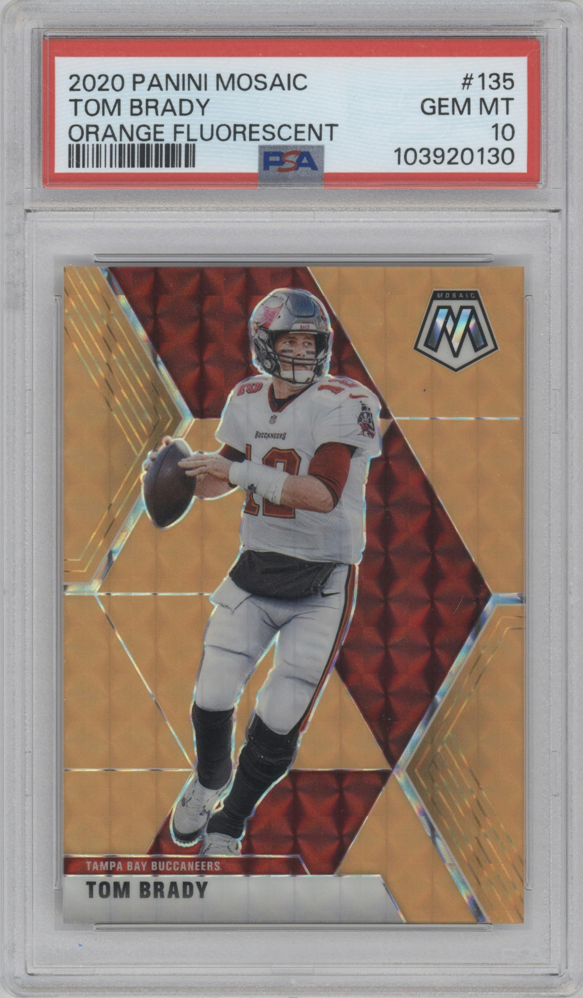 Tom Brady from the 2020 Panini Mosaic set featuring a Orange Fluorescent parallel graded by PSA and given an overall grade of 10.