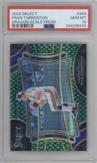 Fran Tarkenton from the 2023 Panini Select set featuring a Dragon Scale Prizm parallel graded by PSA and given an overall grade of 10.