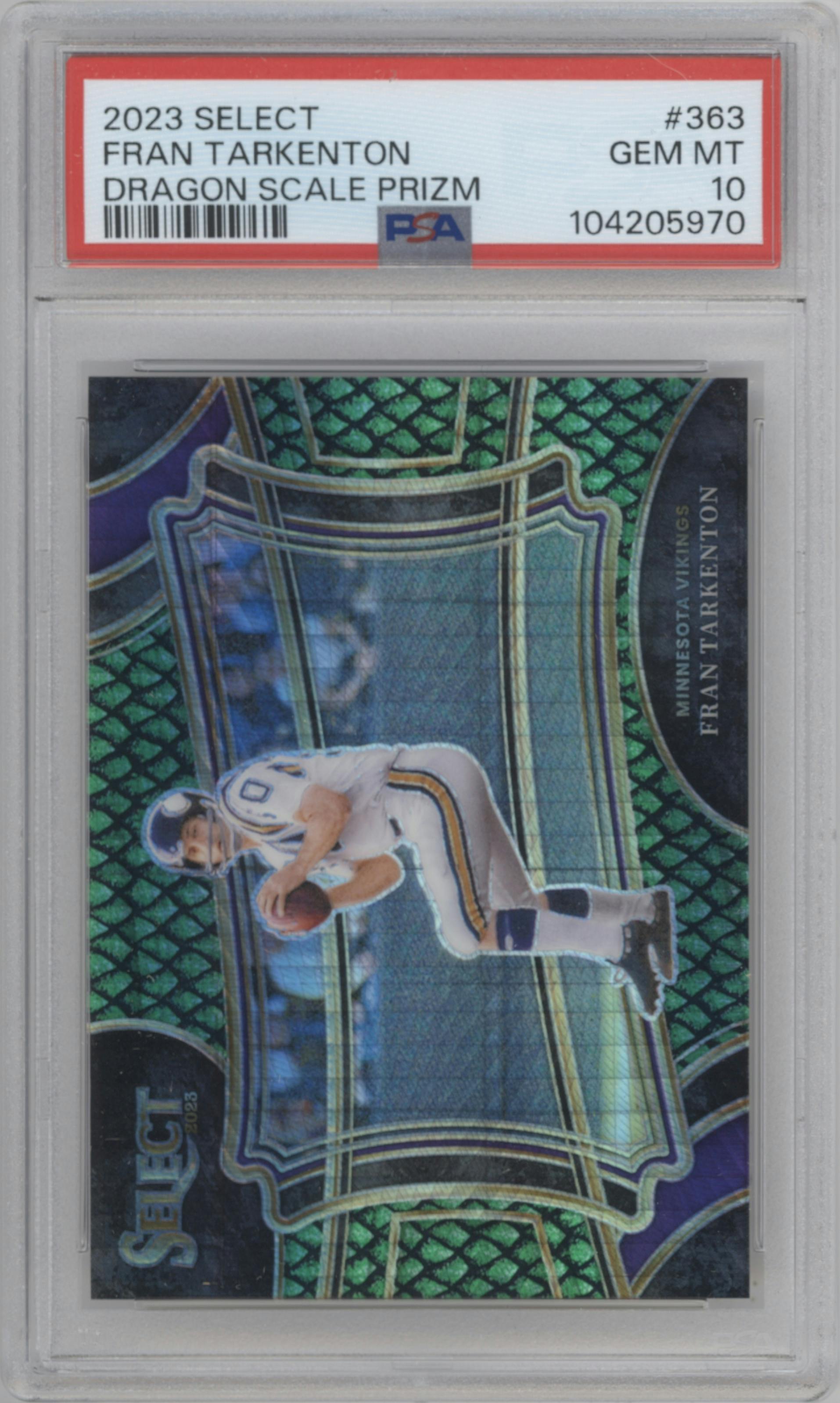 Fran Tarkenton from the 2023 Panini Select set featuring a Dragon Scale Prizm parallel graded by PSA and given an overall grade of 10.