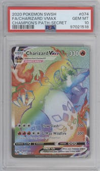 Charizard VMAX from the 2020 Pokemon SWSH set graded by PSA and given an overall grade of 10.