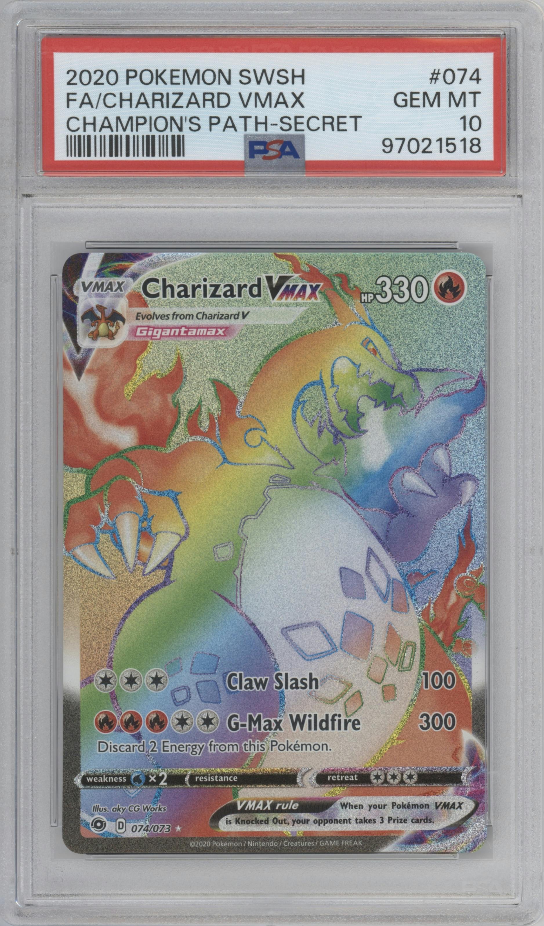 Charizard VMAX from the 2020 Pokemon SWSH set graded by PSA and given an overall grade of 10.