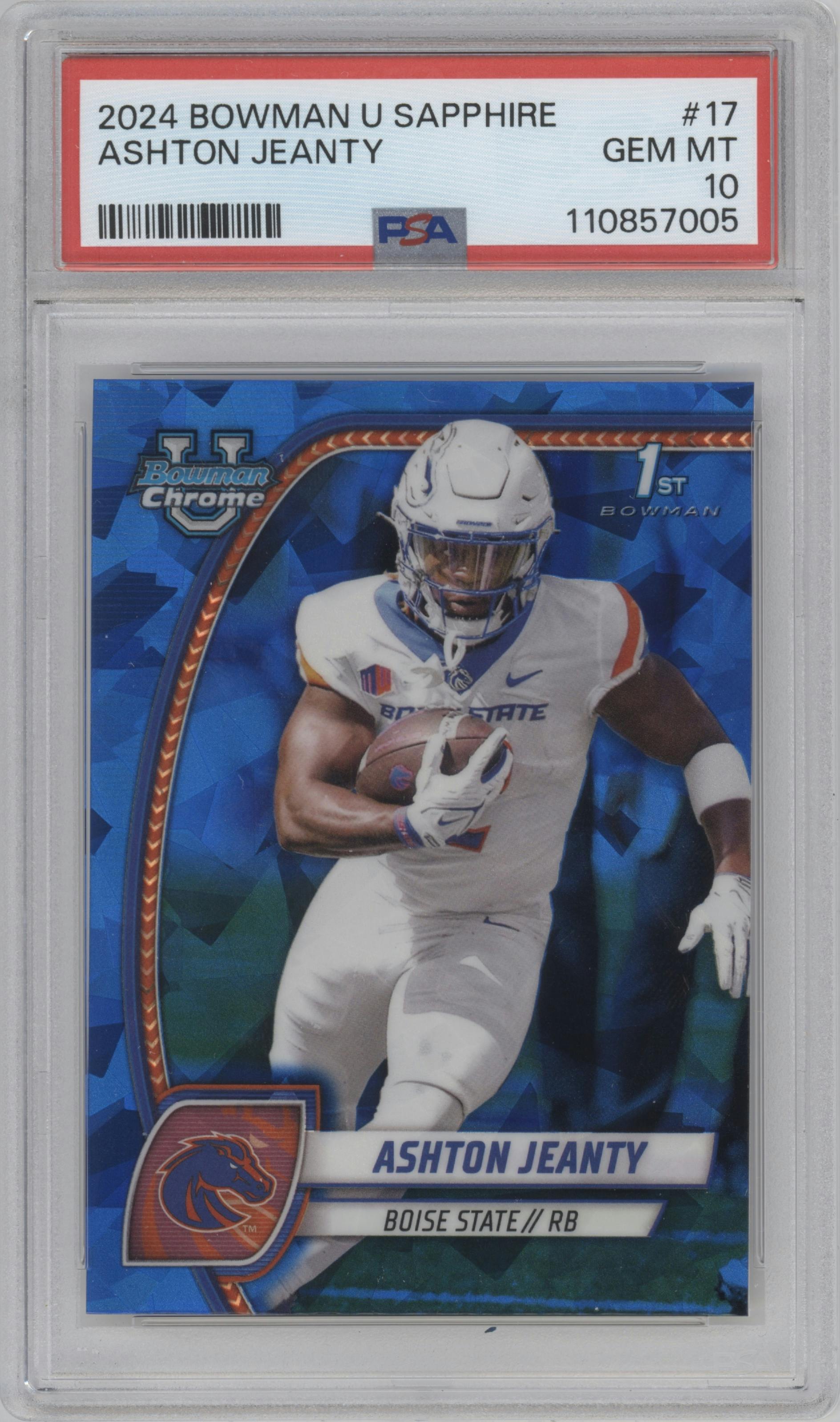 Ashton Jeanty from the 2024 Bowman University Chrome Sapphire set graded by PSA and given an overall grade of 10.
