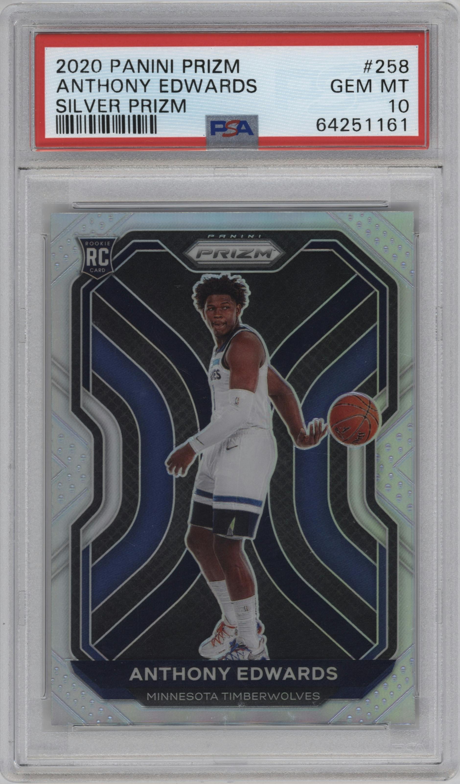 Anthony Edwards from the 2020-21 Panini Prizm set featuring a Silver Prizm parallel graded by PSA and given an overall grade of 10.