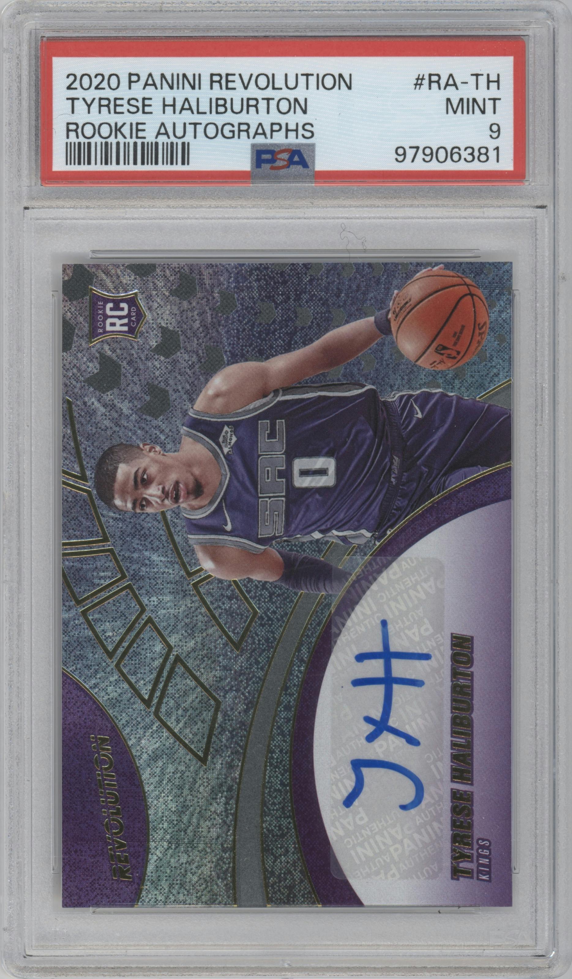Tyrese Haliburton from the 2020-21 Panini Revolution set graded by PSA and given an overall grade of 9.