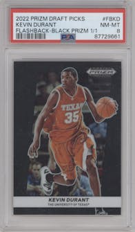 Kevin Durant from the 2022-23 Panini Prizm Draft Picks set featuring a Black parallel graded by PSA and given an overall grade of 8.