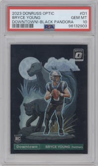 Bryce Young from the 2023 Donruss Optic set featuring a Black Pandora parallel graded by PSA and given an overall grade of 10.