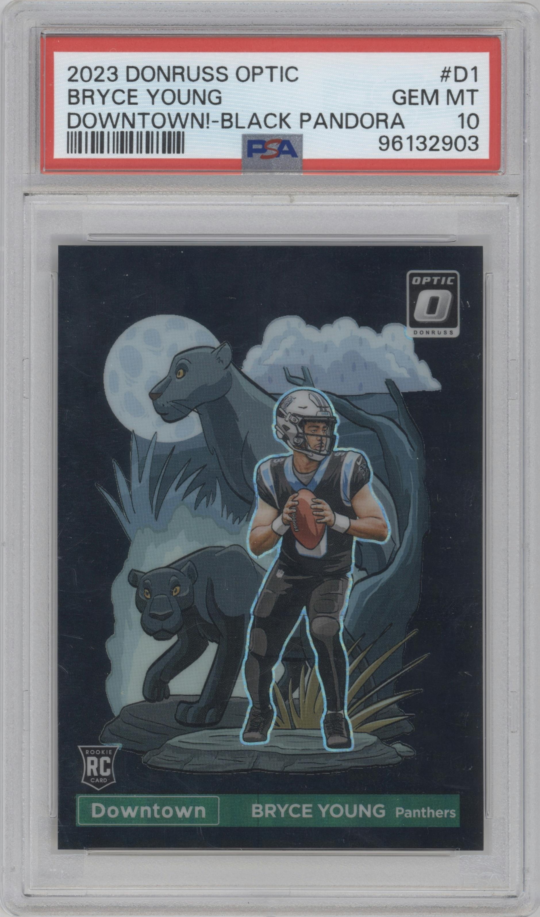 Bryce Young from the 2023 Donruss Optic set featuring a Black Pandora parallel graded by PSA and given an overall grade of 10.