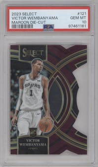 Victor Wembanyama from the 2023-24 Panini Select  set featuring a Die-Cut Maroon Prizm parallel graded by PSA and given an overall grade of 10.