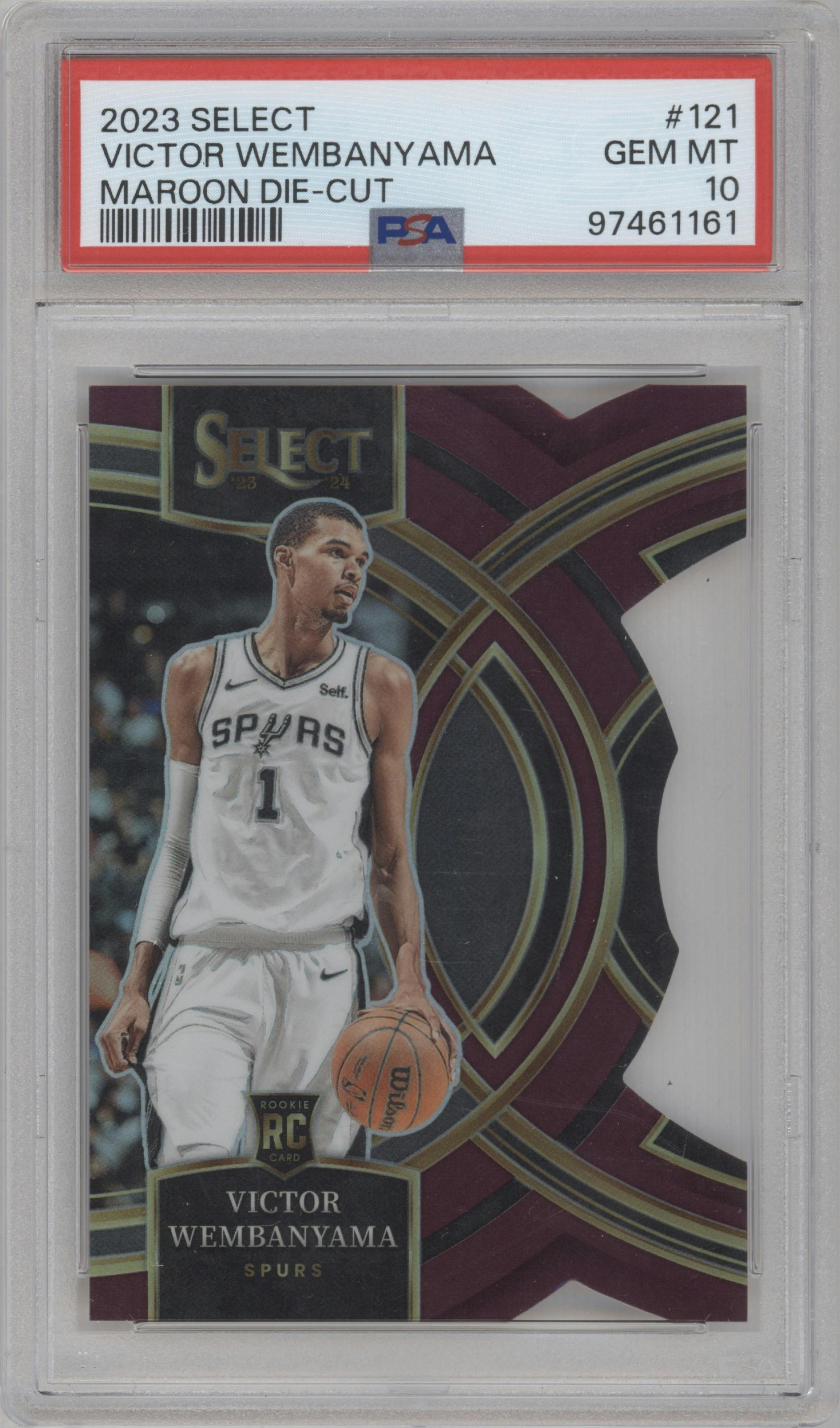 Victor Wembanyama from the 2023-24 Panini Select  set featuring a Die-Cut Maroon Prizm parallel graded by PSA and given an overall grade of 10.
