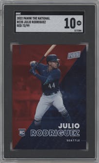 Julio Rodriguez from the 2022 Panini The National VIP set featuring a Red parallel graded by SGC and given an overall grade of 10.