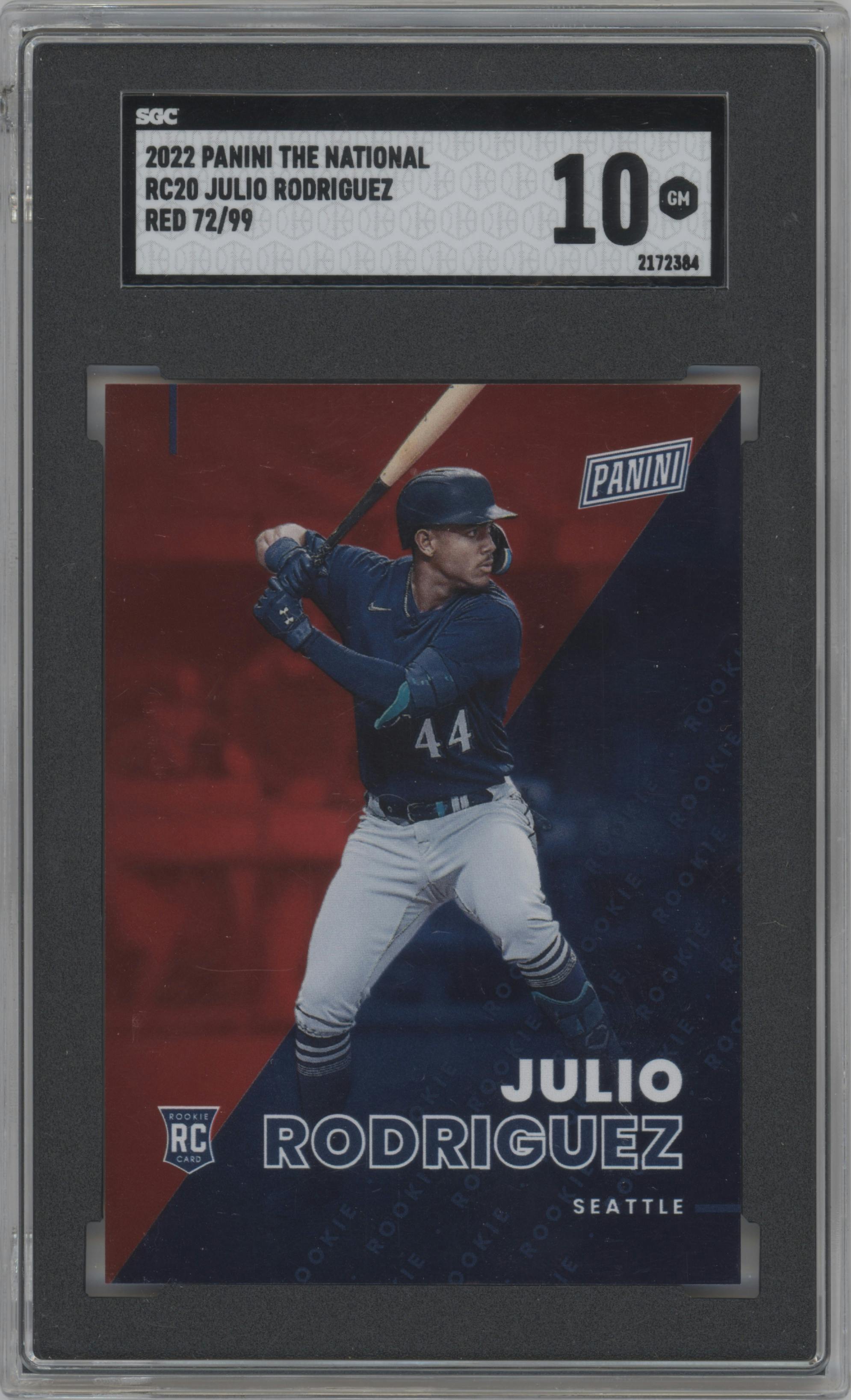 Julio Rodriguez from the 2022 Panini The National VIP set featuring a Red parallel graded by SGC and given an overall grade of 10.