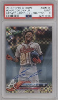 Ronald Acuna Jr. from the 2018 Topps Chrome Update  set featuring a X-Fractor parallel graded by PSA and given an overall grade of 9.