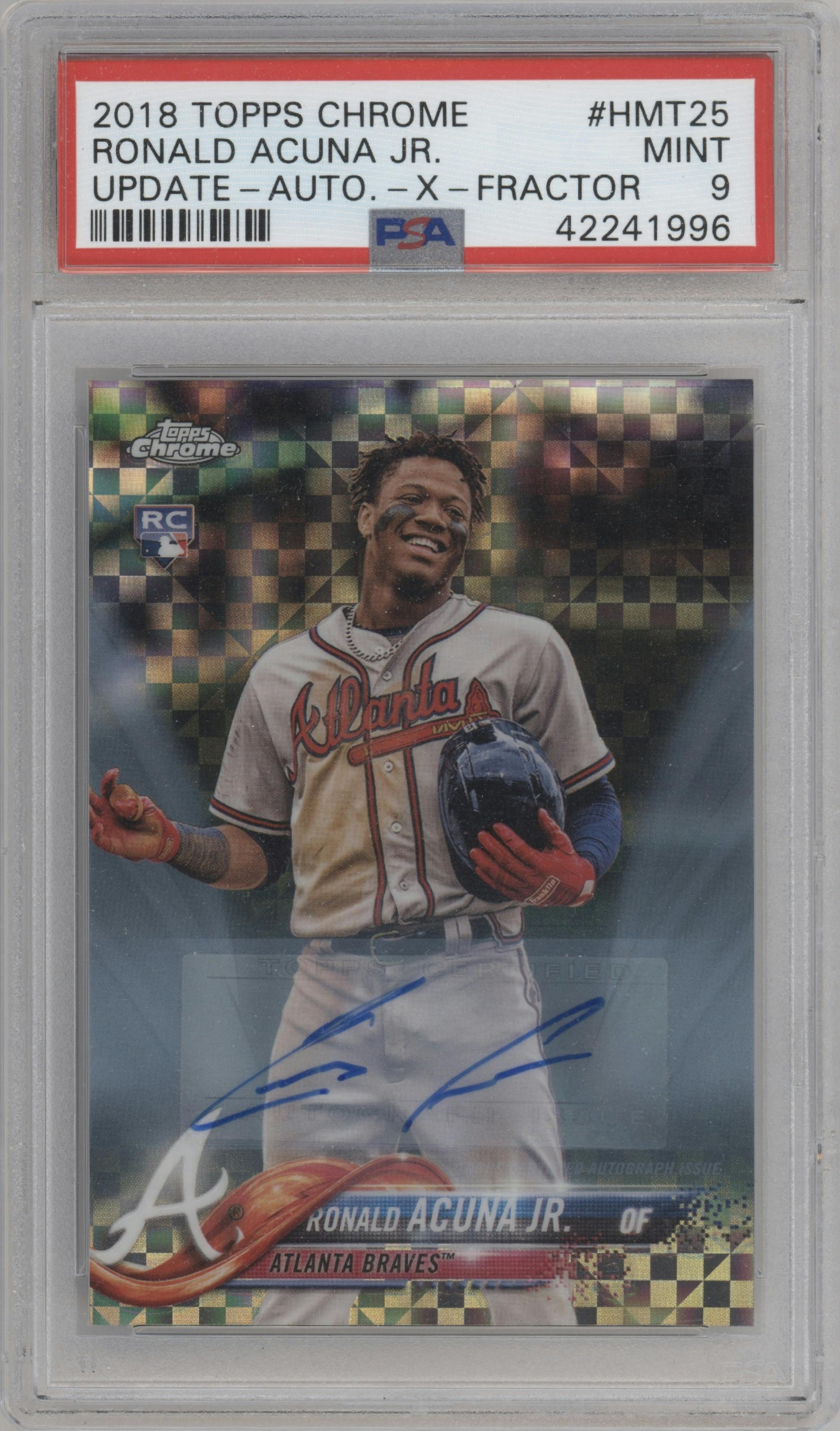 Ronald Acuna Jr. from the 2018 Topps Chrome Update  set featuring a X-Fractor parallel graded by PSA and given an overall grade of 9.