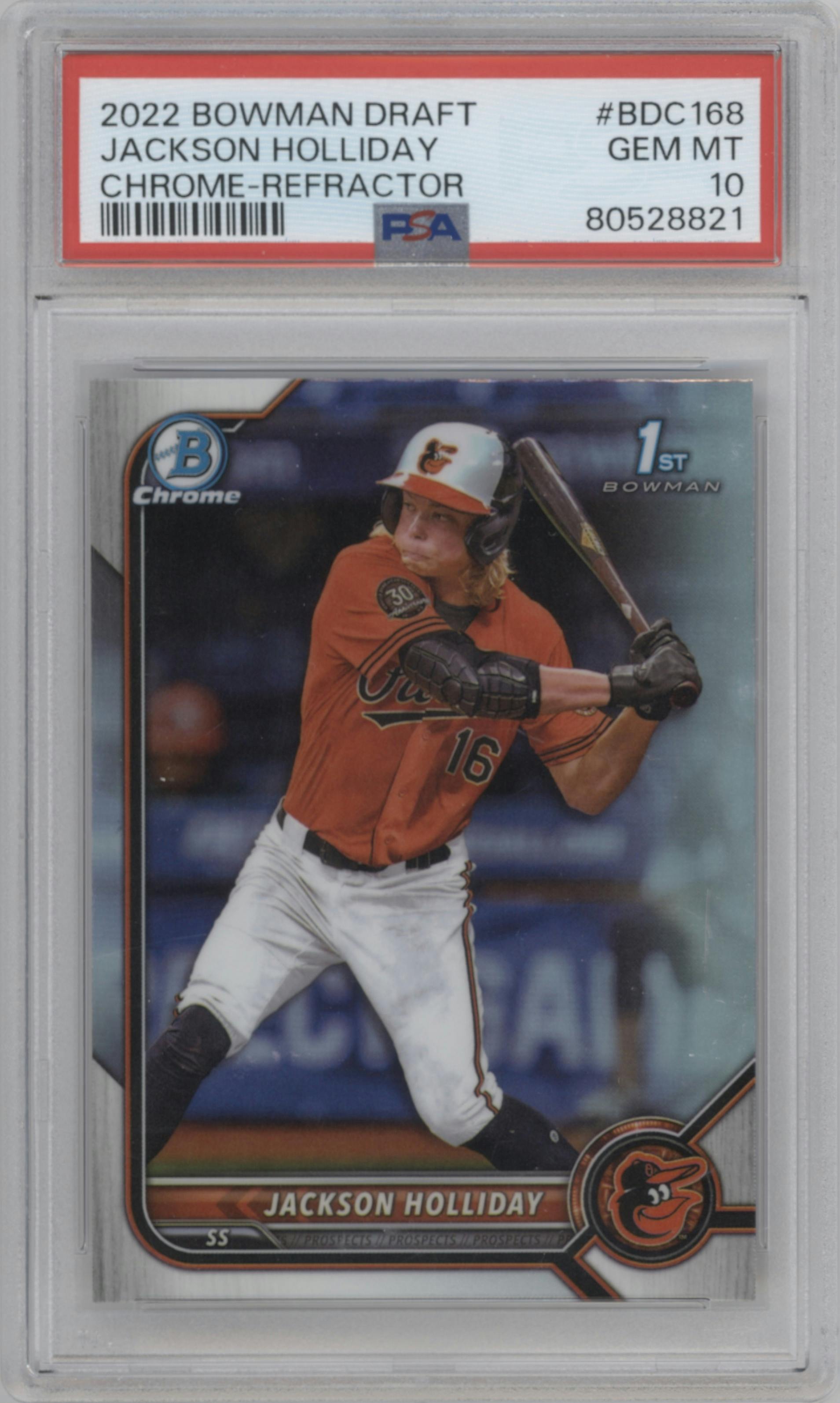 Jackson Holliday from the 2022 Bowman Draft set featuring a Refractor parallel graded by PSA and given an overall grade of 10.