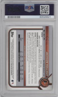 Jackson Holliday from the 2022 Bowman Draft set featuring a Refractor parallel graded by PSA and given an overall grade of 10.